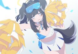 Rule 34 | 1girl, animal ears, black hair, blue archive, breasts, bright pupils, cheerleader, cleavage, dog ears, dog girl, dog tail, eyewear on head, grey eyes, halo, hibiki (blue archive), hibiki (cheer squad) (blue archive), highres, large breasts, midriff, millennium cheerleader outfit (blue archive), mzh, pleated skirt, pom pom (cheerleading), ponytail, skirt, solo, star (symbol), sticker on face, tail, white pupils
