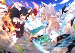 Rule 34 | 2girls, animal ears, armpits, battle, black hair, breasts, commentary request, detached sleeves, fire, fox ears, fox tail, hair ornament, hairclip, hololive, ice, japanese clothes, leg up, long hair, looking at another, mountain, multiple girls, official art, ookami mio, ookami mio (1st costume), shirakami fubuki, shirakami fubuki (1st costume), silver hair, smoke, tail, thighhighs, virtual youtuber, weapon, wolf ears, yachimoto
