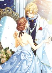 Rule 34 | 1boy, 1girl, backless dress, backless outfit, blonde hair, blue eyes, brown hair, dress, earrings, eye contact, flower, formal, fuma (fuh), height difference, hetero, highres, ikemen oukuyuu: mayonaka no cinderella, jewelry, looking at another, mirror, petals, pocket square, suit, tiara, white dress, white suit