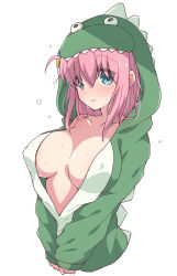 Rule 34 | 1girl, blue eyes, blush, bocchi the rock!, breasts, cleavage, closed mouth, collarbone, costume, covered erect nipples, cube hair ornament, exposed chest, exposing self, eyebrows hidden by hair, gotoh hitori, green hoodie, hair ornament, highres, hood, hoodie, large breasts, long hair, long sleeves, looking at viewer, mel (melty pot), no bra, one side up, open clothes, pink hair, slight frown, solo, sweat, sweatdrop, tearing up, wavy mouth, wet