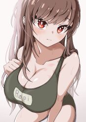 Rule 34 | 1girl, bare shoulders, blush, breasts, character name, closed mouth, collarbone, frown, goddess of victory: nikke, hair between eyes, highres, large breasts, light brown hair, long hair, looking at viewer, orange eyes, rapi (nikke), shirt, solo, sweat, yoonsun