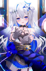 Rule 34 | 1girl, absurdres, amane kanata, amane kanata (another world), angel wings, arm belt, arm tattoo, bandaged arm, bandages, bare shoulders, black collar, blue dress, blue eyes, blue hair, blue wings, blush, collar, colored inner hair, cowboy shot, crossed bangs, double bun, dress, feathered wings, frilled skirt, frills, gloves, gou 213, gradient wings, hair between eyes, hair bun, halo, highres, hololive, long hair, looking at viewer, mini wings, multicolored hair, multicolored wings, o-ring, official alternate costume, open mouth, purple hair, reaching, reaching towards viewer, sidelocks, skirt, smile, solo, star halo, streaked hair, tattoo, virtual youtuber, white hair, white wings, wings