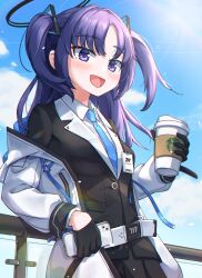 Rule 34 | 1girl, absurdres, black skirt, blue archive, blue necktie, blush, cellphone, coffee cup, collared shirt, cup, disposable cup, formal, halo, highres, holding, holding cup, holding phone, jacket, long hair, mechanical halo, necktie, open mouth, phone, pleated skirt, purple eyes, purple hair, shirt, skirt, smartphone, smile, solo, ssalyun, starbucks, suit, two-sided fabric, two-sided jacket, two side up, upper body, white jacket, white shirt, yuuka (blue archive)