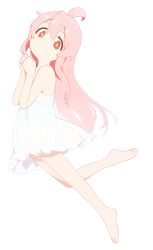 Rule 34 | 1girl, absurdres, bare legs, bare shoulders, barefoot, closed mouth, dress, full body, highres, jiryu50610218, long hair, looking at viewer, onii-chan wa oshimai!, oyama mahiro, pink hair, red eyes, simple background, sleeveless, sleeveless dress, smile, solo, very long hair, white background, white dress