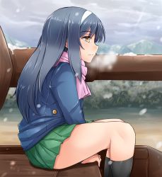 Rule 34 | 10s, 1girl, arm support, black hair, black socks, blue coat, blurry, blurry background, brown eyes, closed mouth, cloud, cloudy sky, coat, commentary request, day, depth of field, from side, girls und panzer, green skirt, hairband, highres, kitayama miuki, light frown, long hair, long sleeves, military, military vehicle, miniskirt, motor vehicle, mountain, ooarai school uniform, outdoors, panzer iv, panzer iv, pink scarf, pleated skirt, reizei mako, scarf, school uniform, skirt, sky, snow, socks, solo, tank, v arms, white hairband, winter uniform