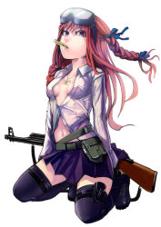 Rule 34 | 1girl, ak-47, assault rifle, bad id, bad pixiv id, belt, boots, braid, breasts, bullet, cartridge, cleavage, dress shirt, female focus, goggles, gun, hair ribbon, highres, jewelry, kalashnikov rifle, kneeling, kotobuki ryou, long hair, midriff, mouth hold, navel, necklace, open clothes, open shirt, original, purple eyes, red eyes, red hair, ribbon, rifle, shirt, signature, simple background, sitting, skirt, solo, thighhighs, twin braids, unbuttoned, weapon