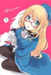 Rule 34 | !, 10s, 1girl, atago (kancolle), bespectacled, black gloves, blonde hair, book, bookmark, breasts, fuji fujino, glasses, gloves, green eyes, hat, kantai collection, large breasts, long hair, long sleeves, looking at viewer, military, military uniform, open mouth, pantyhose, speech bubble, twitter username, uniform