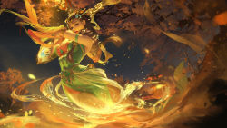 Rule 34 | 1girl, autumn leaves, breasts, character request, chinese clothes, chinese commentary, copyright request, dancer, dancing, dress, fire, green dress, highres, li miao, long hair, looking at viewer, mature female, red lips, solo, tagme, tree