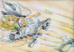 Rule 34 | 1girl, apron, bad id, bad pixiv id, blonde hair, bow, braid, colored pencil (medium), dress, hat, hat bow, highres, kicking, kirisame marisa, kitazinger, long hair, navel, open mouth, ribbon, solo, speed lines, star (symbol), touhou, traditional media, waist apron, witch hat, yellow eyes