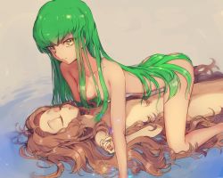 Rule 34 | 2girls, all fours, ass, bad id, bad twitter id, breasts, brown hair, c.c., code geass, completely nude, convenient leg, curly hair, closed eyes, green hair, long hair, looking at viewer, lying, multiple girls, nude, nunnally vi britannia, on back, small breasts, sumi otto, very long hair, white background, yellow eyes, yuri