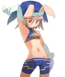 Rule 34 | 1girl, animal ears, arm up, armpits, battle spirits, breasts, rabbit ears, elbow gloves, female focus, gloves, hat, midriff, navel, shimazaki1152, simple background, small breasts, smile, solo, trickster (battle spirits), white background