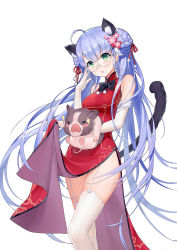 Rule 34 | 1girl, absurdres, adjusting eyewear, ahoge, animal, animal ears, bare arms, bare shoulders, blue hair, blush, boar, braid, braided bun, breasts, carrying, cat ears, cat girl, cat tail, china dress, chinese clothes, chinese zodiac, commentary request, double bun, dress, flower, garter straps, glasses, green eyes, hair bun, hair flower, hair ornament, hair ribbon, hand on eyewear, head tilt, highres, lifting another&#039;s clothes, long hair, looking at viewer, medium breasts, mo xiaoxue, new year, original, parted lips, pelvic curtain, pink flower, red dress, red ribbon, ribbon, semi-rimless eyewear, side slit, sidelocks, simple background, sleeveless, sleeveless dress, solo, standing, tail, thighhighs, thighs, under-rim eyewear, v-shaped eyebrows, very long hair, white-framed eyewear, white background, white thighhighs