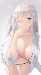 Rule 34 | 1girl, alternate breast size, april fools, bad id, bad pixiv id, bikini, bikini under clothes, blush, braid, breasts, cleavage, collarbone, collared shirt, colored eyelashes, commentary request, dress shirt, gradient background, heart, highres, large breasts, leaning forward, long hair, looking at viewer, navel, off shoulder, one eye closed, open clothes, open mouth, open shirt, original, ramchi, shirt, side-tie bikini bottom, side-tie bottom, silver hair, silver hair-chan (ramchi), solo, spoken heart, standing, swimsuit, white bikini, white shirt