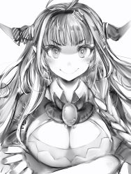 Rule 34 | 1girl, ahoge, bad id, bad twitter id, blush, breasts, cleavage, cleavage cutout, closed mouth, clothing cutout, collared shirt, crossed arms, fingernails, greyscale, hair ornament, hairband, highres, hololive, horns, kiryu coco, kiryu coco (1st costume), large breasts, long hair, looking at viewer, monochrome, nanashi (nlo), shirt, smile, solo, upper body, virtual youtuber, wing collar