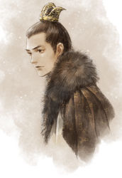 Rule 34 | 1boy, brown background, brown eyes, brown hair, chinese clothes, fur trim, graphite (medium), guan hat, highres, ko hokoryoku, lin shu, looking to the side, male focus, nirvana in fire, portrait, solo, topknot, traditional media