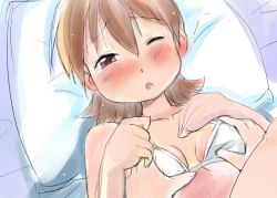 Rule 34 | aioi yuuko, blush, bra, grabbing another&#039;s breast, breasts, grabbing, nichijou, tears, underwear