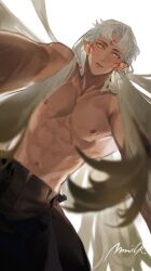 Rule 34 | 1boy, black pants, blush, chinese commentary, commentary, contemporary, crescent, crescent facial mark, facial mark, forehead mark, grey hair, highres, inuyasha, long hair, looking at viewer, male focus, mmmilk, muscular, muscular male, open fly, pants, parted lips, pointy ears, pov, sesshoumaru, signature, slit pupils, solo, surprised, topless male, upper body, white background, yellow eyes