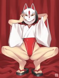 Rule 34 | 1girl, ass, black hair, facing viewer, flat chest, fox mask, highleg, highleg swimsuit, highres, japanese clothes, mask, miko, one-piece swimsuit, original, sandals, short hair, solo, spread legs, squatting, swimsuit, tanaka ahiru, tiptoes