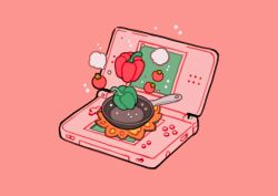 Rule 34 | bell pepper, commentary, english commentary, fire, fire, food, frying pan, handheld game console, highres, meyoco, nintendo ds, no humans, original, pepper, pink background, simple background, smoke, sparkle, tomato, vegetable