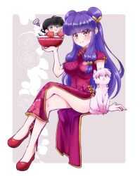 1boy 1girl absurdres bell black_hair blush bow bowl cat china_dress chinese_clothes crossed_legs double_bun dress dual_persona floral_background hair_bell hair_bow hair_bun hair_ornament highres holding holding_bowl looking_at_viewer pink_fur purple_hair ranma_1/2 red_dress red_footwear saotome_ranma shampoo_(cat) shampoo_(ranma_1/2) side_slit sidelocks sitting smile user_uhpj5274 yellow_bow