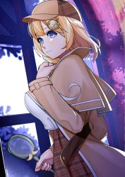 Rule 34 | 1girl, blonde hair, blue eyes, breasts, capelet, dutch angle, from below, from side, handsofmidaz, hat, highres, hololive, hololive english, jacket, large breasts, magnifying glass, plaid, plaid skirt, short hair, skirt, solo, virtual youtuber, watson amelia, watson amelia (1st costume)