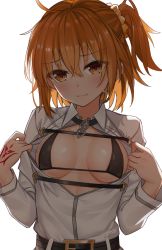 Rule 34 | 1girl, ahoge, backlighting, belt, belt buckle, black bra, blush, bra, breasts, breasts apart, buckle, closed mouth, collared shirt, commentary request, fate/grand order, fate (series), fujimaru ritsuka (female), hair between eyes, hair ornament, hair scrunchie, hands up, head tilt, highres, long sleeves, looking at viewer, medium breasts, one side up, open clothes, open shirt, orange eyes, orange hair, orange scrunchie, partially unzipped, scrunchie, shirt, short hair, shuutou haruka, simple background, smile, solo, tareme, tattoo, underwear, undressing, upper body, white background, white shirt