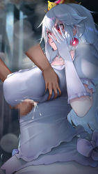 Rule 34 | 1girl, breast grab, breasts, clothing cutout, covering face, crown, cum, disembodied limb, disembodied penis, ejaculation, ejaculation between breasts, ejaculation under clothes, embarrassed, erection, erection under clothes, ghost, gloves, grabbing, highres, kashu (hizake), large breasts, long hair, mario (series), motion blur, nintendo, paizuri, penis, precum, princess king boo, red eyes, solo, sweat, underboob cutout, white hair