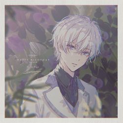 Rule 34 | 1boy, black shirt, blurry, blurry background, border, character name, commentary, copyright name, dated, expressionless, floral background, formal, grey hair, happy birthday, head tilt, idolish7, looking at viewer, male focus, mokoppe, muted color, necktie, osaka sougo, purple eyes, purple necktie, shirt, short hair, signature, solo, suit, upper body, white suit