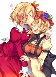 Rule 34 | 2girls, :d, aki minoriko, aki shizuha, black ribbon, blonde hair, blush, breasts, buttons, closed eyes, dated, food, fruit, grapes, hair between eyes, hair ornament, hand on another&#039;s arm, hand on another&#039;s shoulder, hat, heart, incest, iroyopon, juliet sleeves, kiss, kissing forehead, large breasts, leaf, leaf hair ornament, long sleeves, mob cap, multiple girls, neck ribbon, open mouth, orange hat, profile, puffy sleeves, ribbon, short hair, siblings, signature, simple background, sisters, skirt, skirt set, small breasts, smile, touhou, white background, wide sleeves, yuri