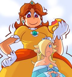 Rule 34 | 2girls, aqua dress, aqua eyes, bare shoulders, blonde hair, brown hair, crown, dress, earrings, female focus, food, from below, fupoo, giant, giantess, gloves, gradient background, growth, hair over one eye, hand on own hip, heart, heart-shaped pupils, highres, holding, index fingers together, jewelry, long hair, mario (series), mega mushroom, multiple girls, mushroom, neck, nervous, nintendo, off-shoulder dress, off shoulder, princess daisy, rosalina, shy, size difference, smile, super mario 3d world, super mario bros. 1, super mario galaxy, super mario land, sweat, symbol-shaped pupils, white gloves, yellow dress, you gonna get raped, yuri