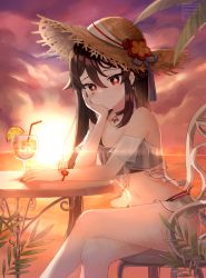 Rule 34 | 1girl, absurdres, backlighting, bare legs, bare shoulders, black choker, blush, brown hair, brown hat, chair, choker, closed mouth, cloud, cloudy sky, crossed legs, cup, drink, drinking glass, drinking straw, evening, feet out of frame, flower, flower-shaped pupils, food, fruit, genshin impact, hand on own cheek, hand on own face, hat, hat flower, hat ribbon, highres, hu tao (genshin impact), ice, ice cube, long hair, looking at viewer, miniskirt, miyako draw, ocean, orange (fruit), orange slice, outdoors, red eyes, red flower, ribbon, see-through, sitting, skirt, sky, smile, solo, straw hat, sunlight, sunset, symbol-shaped pupils, thighs, twintails, very long hair, water, white skirt, wristband
