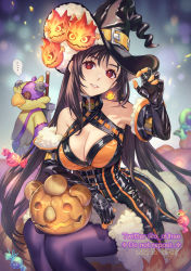 Rule 34 | ..., 1girl, alternate costume, bare shoulders, black dress, black gloves, black hair, black headwear, black pantyhose, black sleeves, bomb (final fantasy), breasts, brown hair, buster sword, candy, chocobo, cleavage, cleavage cutout, clothing cutout, cowboy shot, detached sleeves, dress, earrings, elbow gloves, final fantasy, final fantasy vii, final fantasy vii remake, fingerless gloves, food, gloves, halloween, halloween costume, halter dress, halterneck, hand up, hat, jack-o&#039;-lantern, jewelry, large breasts, long hair, looking at viewer, moogle, ohse, orange dress, pantyhose, parted lips, pumpkin, purple pantyhose, red eyes, short dress, single earring, sitting, sleeveless, sleeveless dress, smile, solo focus, speech bubble, tifa lockhart, trick or treat, twitter username, two-tone dress, very long hair, witch, witch hat