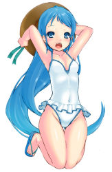 Rule 34 | 10s, 1girl, alternate costume, armpits, bare arms, barefoot sandals (jewelry), bikini, blue eyes, blue hair, breasts, casual one-piece swimsuit, collarbone, covered navel, frilled swimsuit, frills, gradient hair, hat, holding, holding clothes, holding hat, kantai collection, kurogane daichi, long hair, looking at viewer, matching hair/eyes, multicolored hair, one-piece swimsuit, open mouth, samidare (kancolle), sandals, simple background, small breasts, solo, straw hat, sun hat, swept bangs, swimsuit, unworn hat, unworn headwear, very long hair, white background
