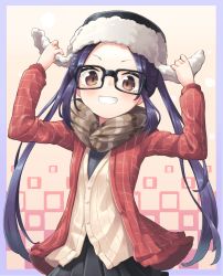Rule 34 | 1girl, arms up, black-framed eyewear, black headwear, black shirt, black skirt, border, brown eyes, brown jacket, brown scarf, commentary request, forehead, fur-trimmed headwear, fur trim, glasses, grin, jacket, long hair, long sleeves, looking at viewer, nano (mianhua maoqiu), oogaki chiaki, open clothes, open jacket, parted bangs, pleated skirt, purple border, purple hair, red jacket, scarf, shirt, skirt, smile, solo, twintails, very long hair, yurucamp