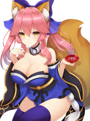 Rule 34 | 10s, 1girl, :&gt;, animal ears, bad id, bad pixiv id, bare shoulders, blue kimono, blue thighhighs, blush, breasts, cleavage, closed mouth, cup, fate/extra, fate (series), fox ears, fox tail, hands up, holding, holding cup, japanese clothes, kimono, large breasts, long hair, looking at viewer, pink hair, simple background, sitting, smile, solo, tail, tamamo (fate), tamamo no mae (fate/extra), thighhighs, tsurime, twintails, white background, yellow eyes, yuzu-aki
