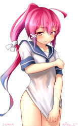 Rule 34 | 1girl, ahoge, blue sailor collar, clothes pull, covered navel, cowboy shot, hair ribbon, i-168 (kancolle), kantai collection, long hair, looking at viewer, one-hour drawing challenge, ponytail, ray.s, red eyes, red hair, ribbon, sailor collar, sailor shirt, shirt, shirt pull, shirt tug, simple background, solo, white background