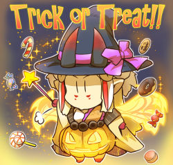 Rule 34 | 1girl, adapted costume, alternate costume, blonde hair, candy, candy cane, chibi, comic, commentary, cookie, doughnut, facial mark, fate/grand order, fate (series), food, glowing, halloween, hat, hisahiko, holding, horns, ibaraki douji (fate), lollipop, long sleeves, looking at viewer, macaron, multicolored hair, oni horns, pointy ears, pumpkin costume, red hair, revision, sidelocks, solo, star (symbol), star wand, trick or treat, wand, wide sleeves, witch hat, | |