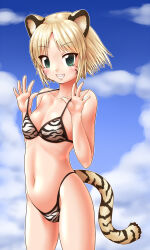 Rule 34 | 1girl, animal ears, animal print, aqua eyes, bare arms, bare shoulders, bikini, blonde hair, blue sky, breasts, byakko (nijiura maids), cleavage, cloud, collarbone, cowboy shot, day, facial mark, fang, futaba channel, grin, hands up, highleg, highleg bikini, highres, kuma (kumahoihoi), looking at viewer, navel, nijiura maids, outdoors, outline, parted bangs, print bikini, pulling own clothes, short hair, sky, small breasts, smile, solo, standing, strap pull, striped tail, swimsuit, tail, thighs, tiger ears, tiger girl, tiger print, tiger tail, whisker markings, white outline