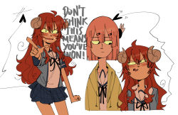 Rule 34 | 2girls, :|, ahoge, annoyed, backlighting, black ribbon, blue skirt, blunt bangs, blunt ends, blush, brown horns, chiyoda momo, clenched hand, closed mouth, colored sclera, commentary, contrapposto, cowboy shot, cropped torso, curled horns, d:, demon girl, demon horns, demon tail, drawstring, english commentary, english text, expressionless, expressive tail, eye contact, eyes visible through hair, fang, foreshortening, furrowed brow, gutalalaman, hair between eyes, hair ornament, hairclip, half-closed eyes, hand up, highres, hood, hood down, hoodie, horns, jitome, long hair, looking at another, looking at viewer, looking down, looking to the side, looking up, machikado mazoku, miniskirt, motion lines, multiple girls, multiple views, narrowed eyes, neck ribbon, nose, open clothes, open hoodie, open mouth, outstretched arm, parted lips, pink hair, plaid, plaid skirt, pleated skirt, pointing, pointing at viewer, red hair, ribbon, sailor collar, sanpaku, school uniform, shirt, short hair, short sleeves, side-by-side, simple background, skirt, standing, sweat, tail, tail raised, toon (style), upper body, v-shaped eyebrows, wavy hair, wavy mouth, white background, white sailor collar, wrist extended, yellow hoodie, yellow sclera, yoshida yuuko (machikado mazoku)