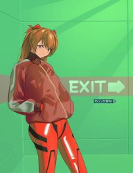 Rule 34 | 1girl, artist request, ass, bodysuit, breasts, brown hair, evangelion: 3.0 you can (not) redo, expressionless, hair between eyes, hands in pockets, interface headset, jacket, long hair, looking at viewer, neon genesis evangelion, plugsuit, rebuild of evangelion, red bodysuit, shiny clothes, simple background, souryuu asuka langley, standing, two side up, very long hair, wide hips