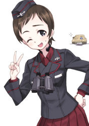 Rule 34 | 10s, 1girl, ;d, bad id, binoculars, black eyes, brown hair, character request, emblem, extra, garrison cap, girls und panzer, hand on own hip, hat, highres, jacket, jagdpanzer 38(t), looking at viewer, matsuryuu, military, military uniform, military vehicle, motor vehicle, one eye closed, ooarai (emblem), open mouth, pleated skirt, red skirt, ritaiko (girls und panzer), short hair, simple background, skirt, smile, solo, tank, tank destroyer, throat microphone, turretless tank, uniform, v, vehicle, white background