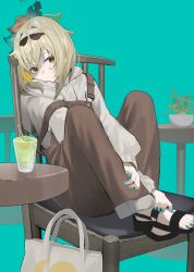 Rule 34 | 1girl, 38 (sanjuuhachi), alternate costume, bag, black footwear, blonde hair, blue nails, brown overalls, closed mouth, cup, drinking glass, drinking straw, hair intakes, highres, holding own leg, hololive, kazama iroha, knees up, nail polish, on chair, overalls, ponytail, sitting, solo, suspenders, sweater, table, virtual youtuber, yellow eyes