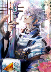Rule 34 | 1boy, absurdres, azul ashengrotto, black nails, blue eyes, bridal gauntlets, chinese clothes, fingernails, glasses, hair ornament, hasura (coconutice), highres, holding, holding instrument, instrument, jewelry, looking at viewer, male focus, mole, mole under mouth, nail polish, ring, round eyewear, sharp fingernails, short hair, silver hair, smile, smoking pipe, solo, tassel, tassel hair ornament, twisted wonderland, wide sleeves