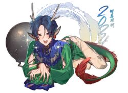 Rule 34 | 1boy, 2024, animal ears, animal print, antlers, ball and chain restraint, blue eyes, blue hair, chain, charisma house, chinese zodiac, collar, crossed wrists, cuffs, dated, dog print, dragon boy, dragon ears, dragon tail, ear piercing, fingernails, full body, fur-tipped tail, girly boy, highres, hip vent, horns, kemonomimi mode, kitsune (ly howe), korean commentary, korean text, lock, long sleeves, looking at viewer, lying, male focus, mandarin collar, metal collar, motohashi iori, new year, on side, on stomach, open mouth, padlock, padlocked collar, pelvic curtain, piercing, shackles, sharp fingernails, short hair, simple background, solo, sparkle, tail, twisted torso, white background, year of the dragon
