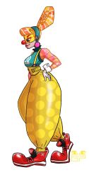 Rule 34 | 1girl, arched back, arms (game), artist name, baggy pants, breasts, clown, clown girl, earrings, glitchypixie, gloves, hairband, hand on own hip, highres, jewelry, lola pop, mask, medium breasts, multicolored hair, nintendo, overalls, pants, red nose, smile, suspenders
