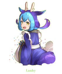 Rule 34 | apron, blue hair, blue kimono, character name, dragon girl, dragon horns, dragon tail, dragonmaid (yu-gi-oh!), dress, duel monster, fangs, frills, from behind, horns, hsin, japanese clothes, kimono, laundry dragonmaid, long sleeves, looking at viewer, looking back, maid, maid apron, maid headdress, multicolored hair, open mouth, solo, sweatdrop, tail, two-tone hair, wa maid, wide sleeves, yellow eyes, yu-gi-oh!