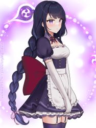 Rule 34 | 1girl, alternate costume, apron, artist name, black hair, blush, braid, breasts, commentary, elbow gloves, english commentary, enmaided, frills, garter straps, genshin impact, gloves, highres, long hair, maid, medium breasts, mole, mole under eye, pixiv username, puffy short sleeves, puffy sleeves, purple eyes, purple thighhighs, raiden shogun, short sleeves, solo, thighhighs, very long hair, vickie (cryingrobot), waist apron, white gloves