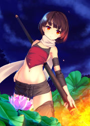 Rule 34 | 1girl, 54cr, bad id, bad pixiv id, black hair, black shorts, flower, groin, highres, holding, holding weapon, midriff, navel, night, original, outdoors, red eyes, scarf, short hair, short shorts, shorts, solo, weapon, white scarf
