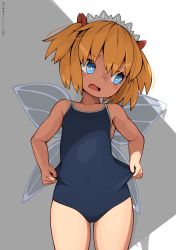 Rule 34 | 1girl, blue eyes, blue one-piece swimsuit, brown hair, clothes pull, covered navel, fairy, fairy wings, huxiao (mistlakefront), one-piece swimsuit, one-piece swimsuit pull, open mouth, pulled by self, ribbon, school swimsuit, short hair, solo, sunny milk, swimsuit, thighs, touhou, two side up, wings