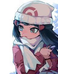 Rule 34 | 1girl, artist name, beanie, black hair, blush, coat, commentary, commentary request, creatures (company), dawn (pokemon), game freak, grey eyes, hair ornament, hairclip, hat, highres, holding, long hair, long sleeves, looking to the side, nintendo, open mouth, pokemon, pokemon dppt, pokemon platinum, red coat, scarf, solo, watermark, white hat, white scarf, yonaga story
